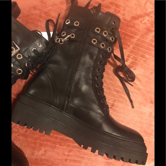 Zara Shoes Zara Leather Combat Boots Black With Zipper Lace Poshmark